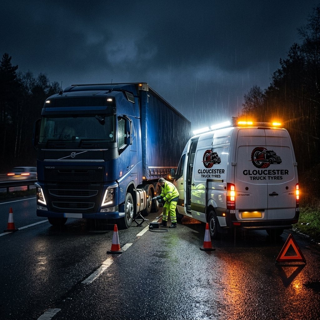 Van parked at lorry park with mechanic - Mobile Truck Tyre Fitting in St Briavels