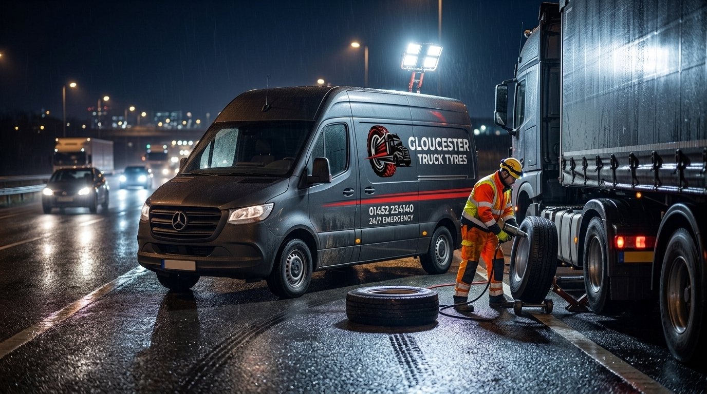 Commercial tyre fitting van at night assisting HGV on highway
