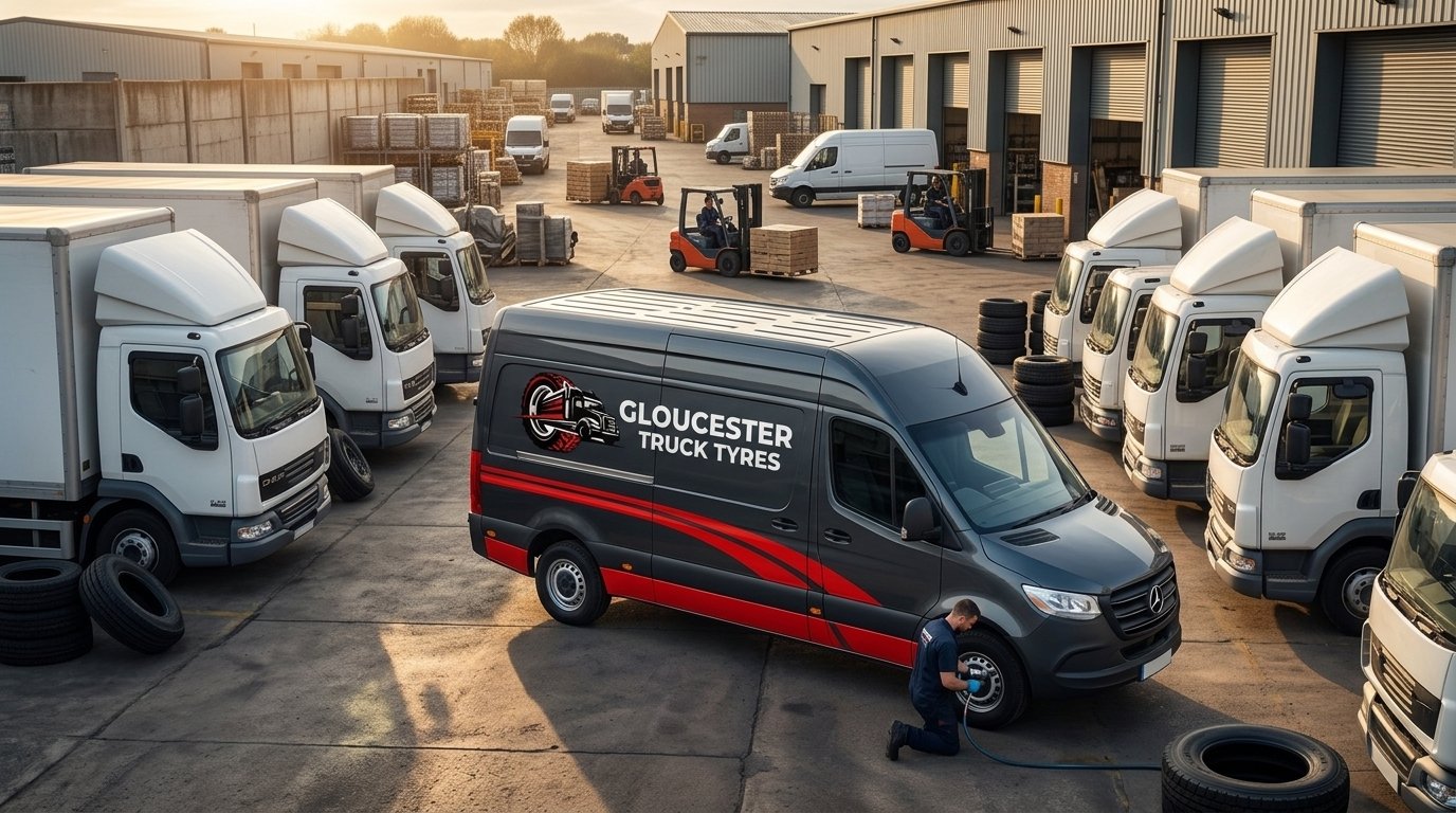 Van parked at distribution center servicing fleet of delivery trucks