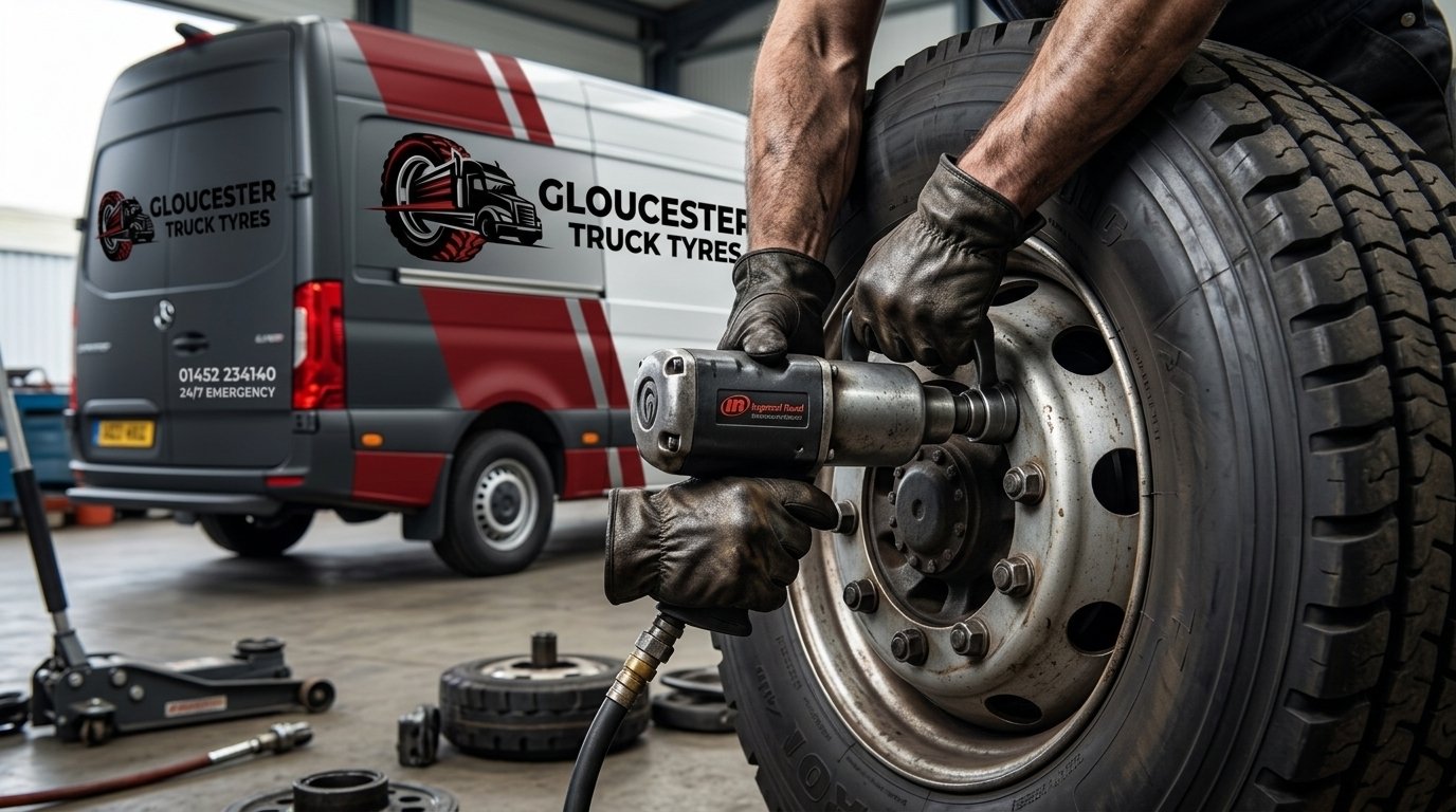 Mechanic using pneumatic impact wrench on massive HGV tyre